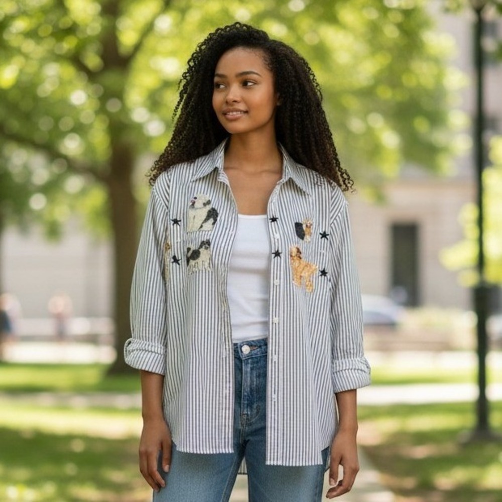 Studio Connection Embroidered Dog Stripe Button Down Shirt Blue White Medium